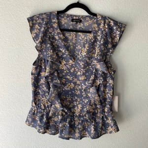1. State Blue Floral Ruffle Sleeve Blouse, NWT, Sz L